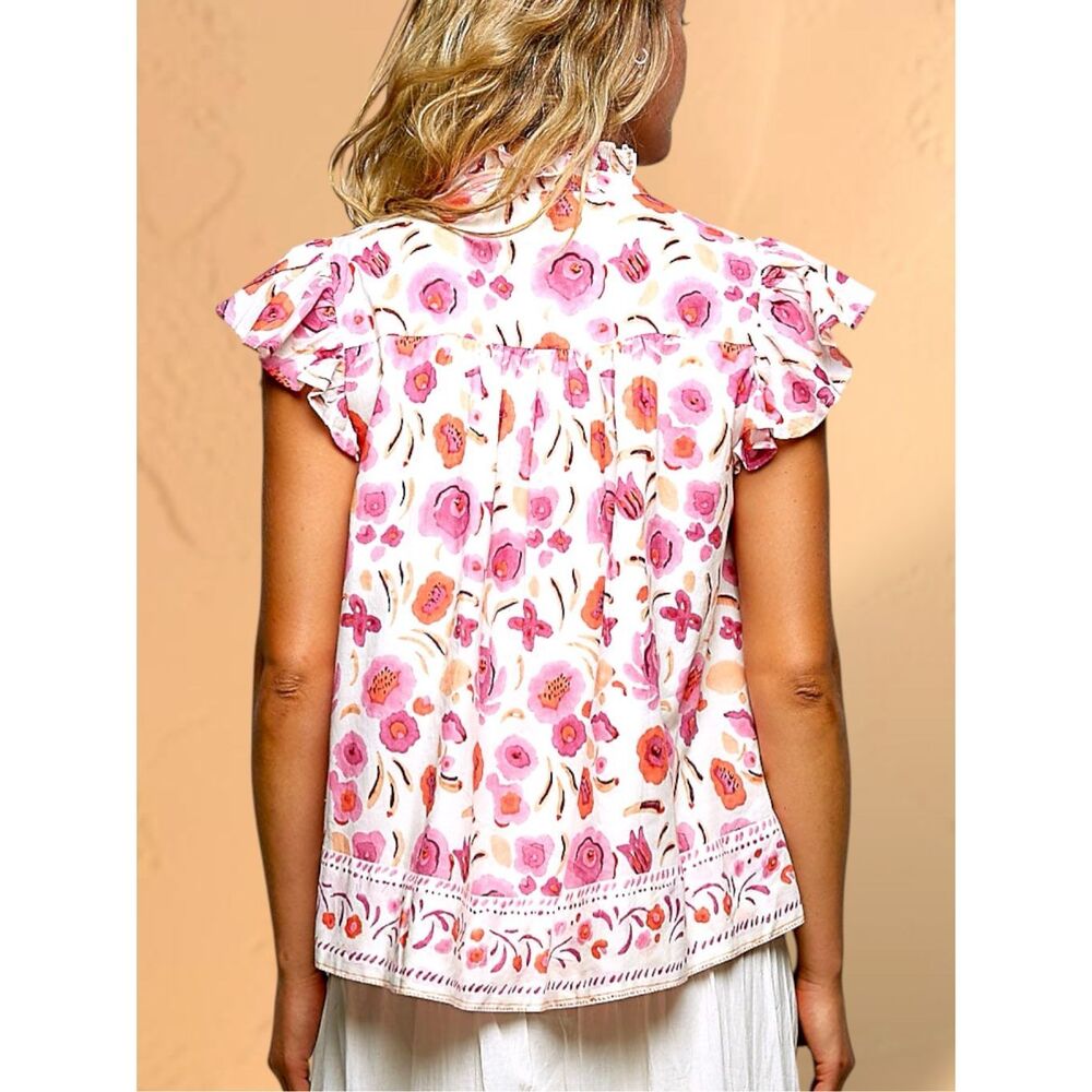 POL Floral Tassel Tie Flutter Sleeve Boho Cotton Blouse Pink Floral NEW - Picture 4 of 7